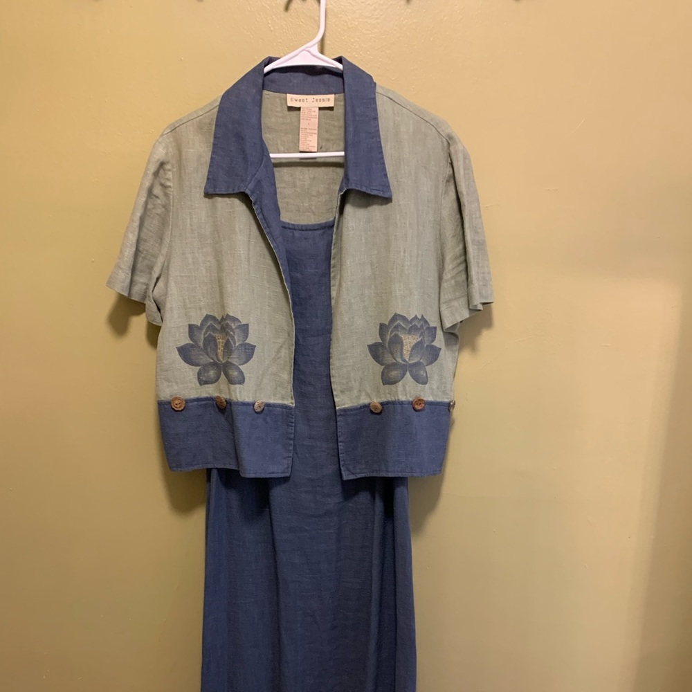 Sweet Jessie Women size LARGE 2 Piece 100% Linen Maxi Dress Jacket Set